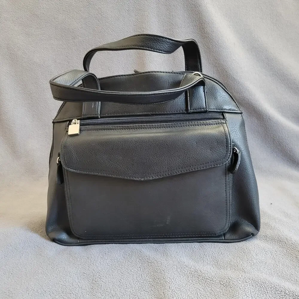 Genuine Black Pebbled Leather Vintage Style Organizer Handbag Multi Pocket‎